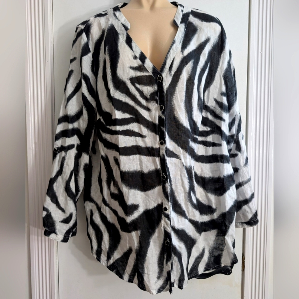 JM Collection 100% linen women's plus size 18w animal zebra print button Blouse - Picture 1 of 7